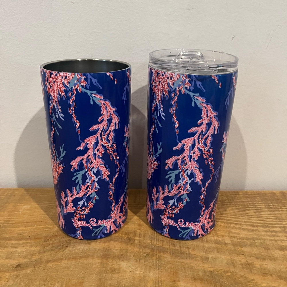 Lilly Pulitzer Stainless Steel Insulated Tumbler Set 16.5 oz Blue Pink Coral